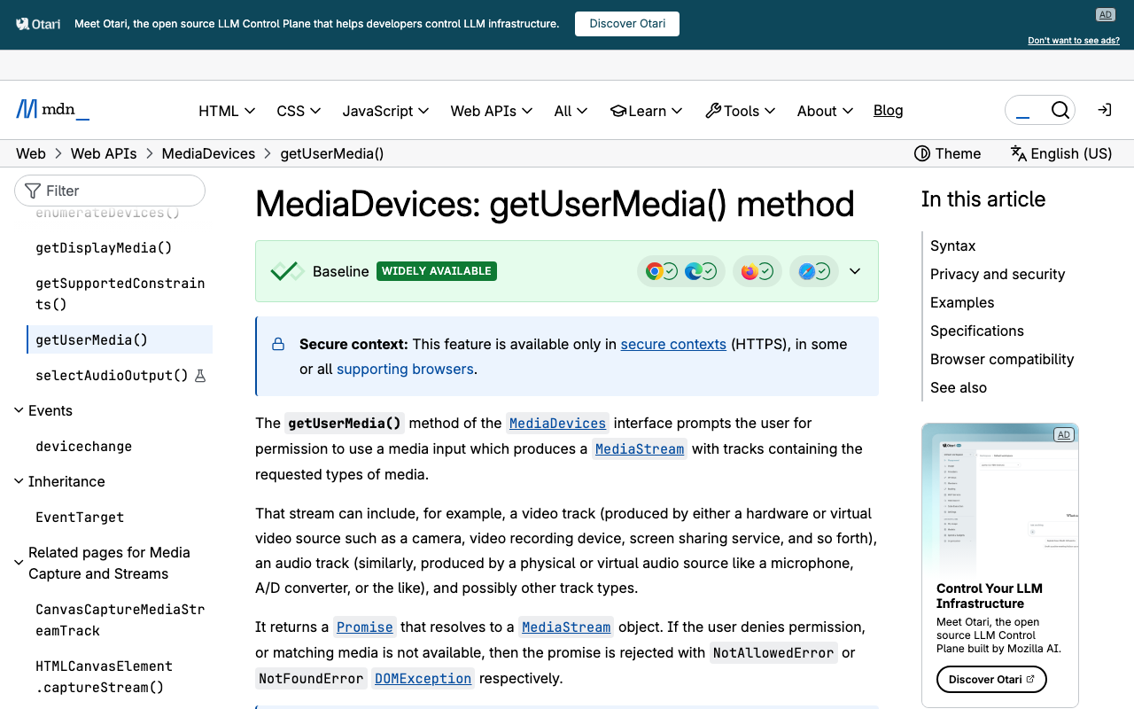 MDN's getUserMedia reference documents the secure-context and permission requirements that trip up iOS web builds.