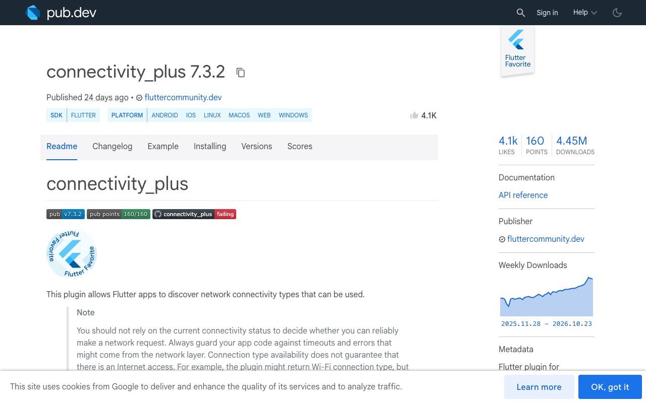 connectivity_plus on pub.dev: the stream now emits a list of transports, and the docs warn that a transport does not mean internet access