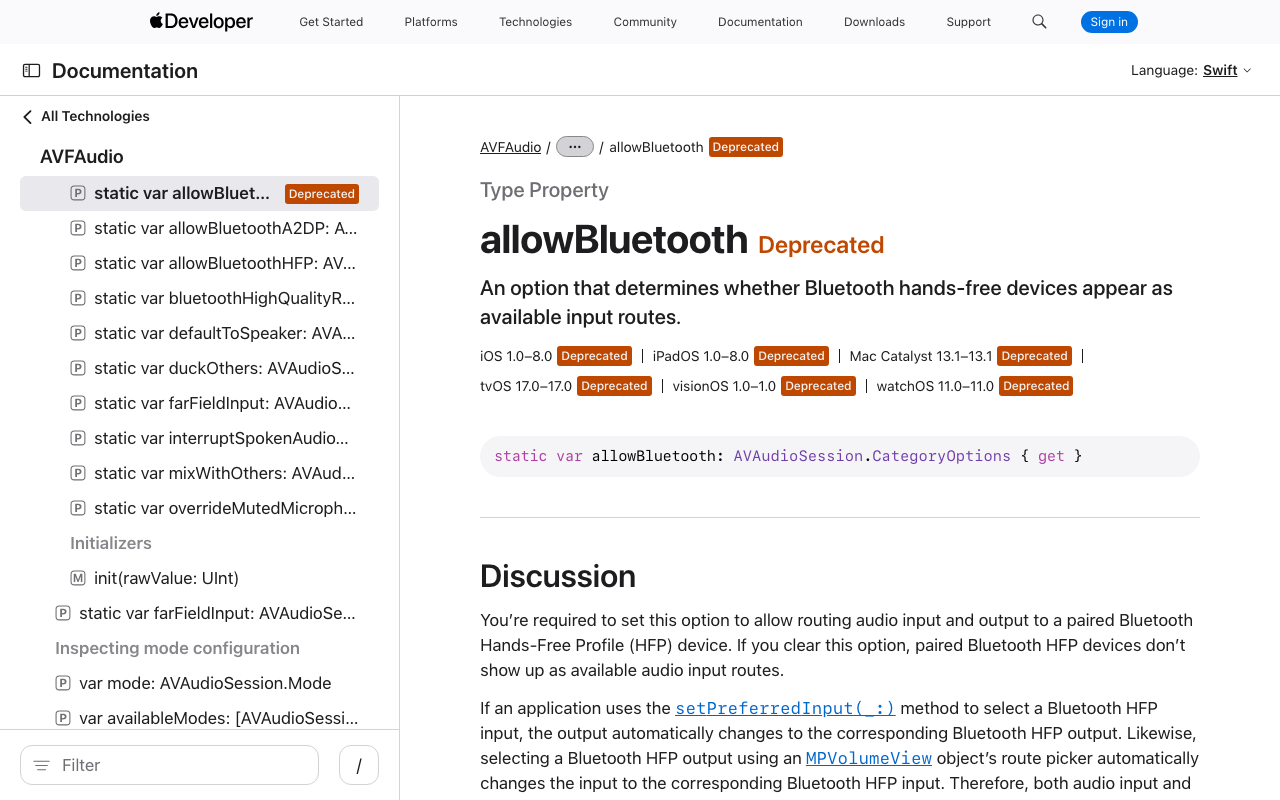 Apple's allowBluetooth documentation, now deprecated in favour of allowBluetoothHFP.