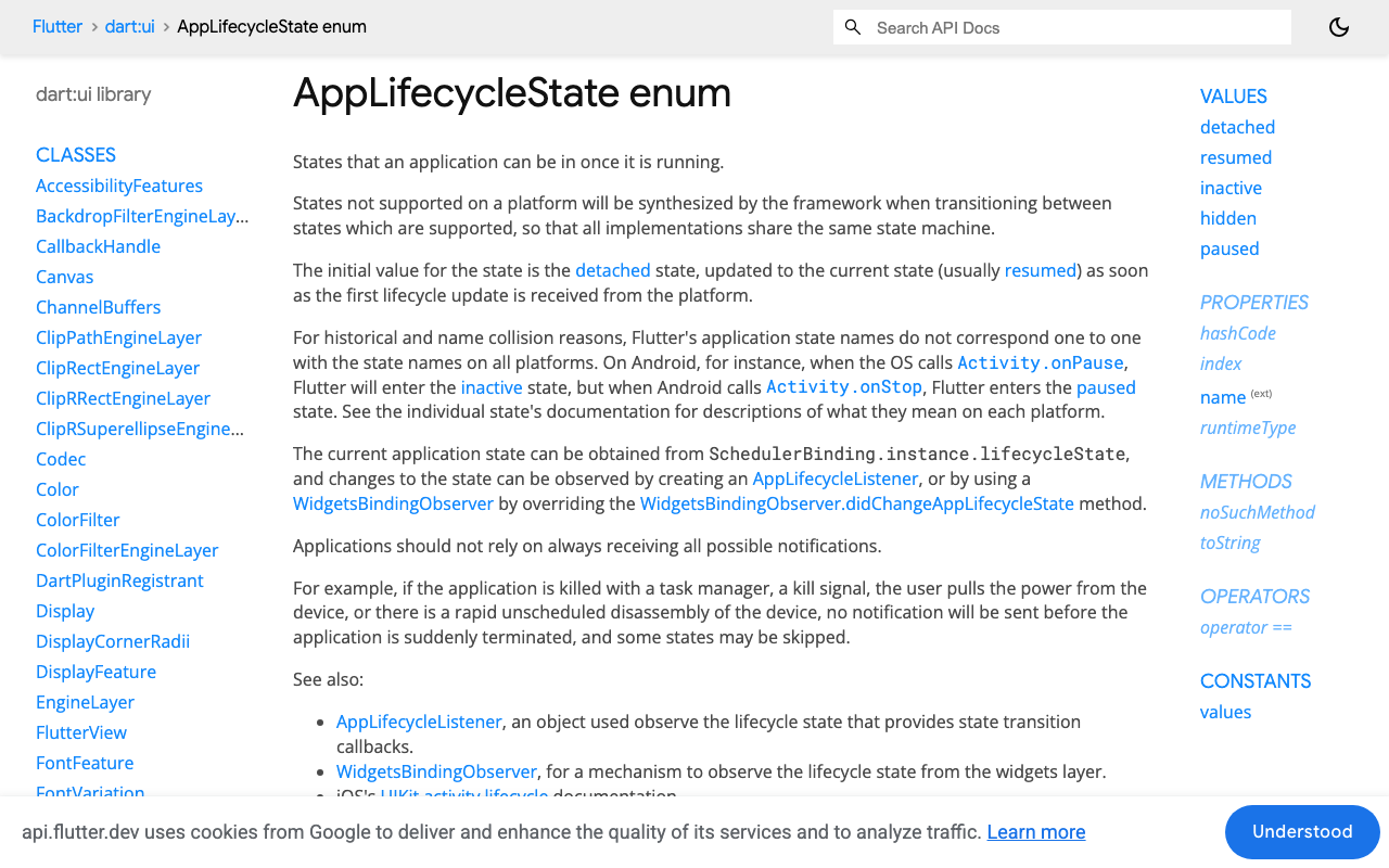 Flutter's AppLifecycleState reference, including the synthesized hidden state that normalises iOS and Android.