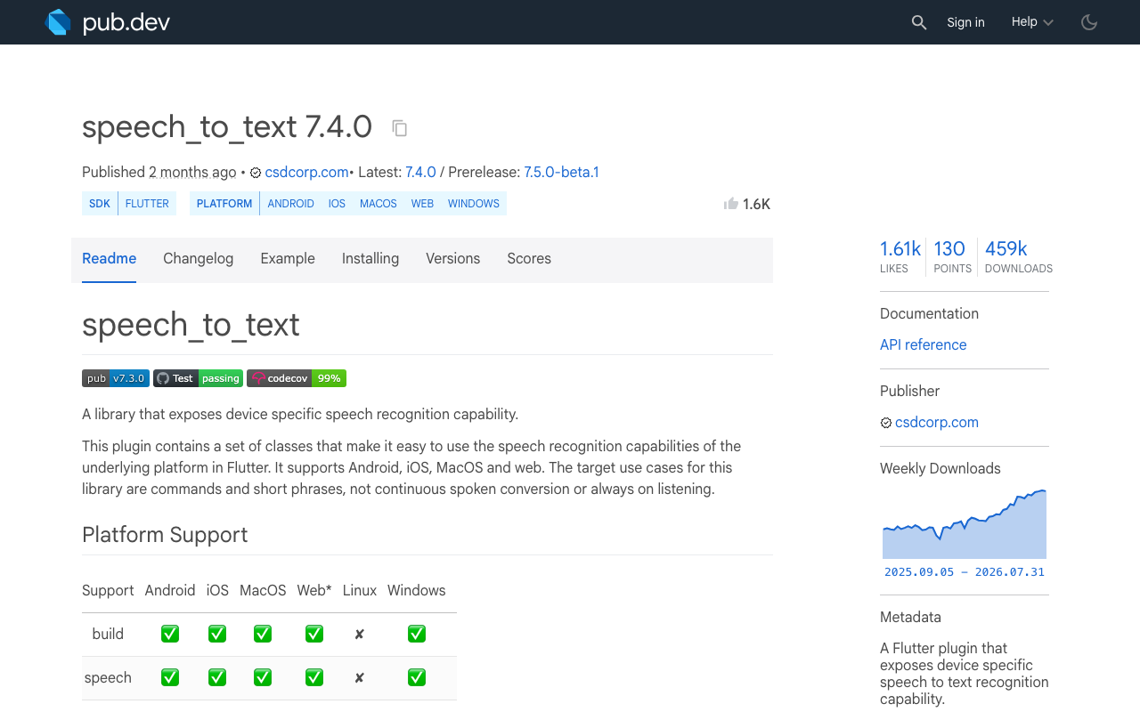The speech_to_text package on pub.dev, whose Android setup docs require the RecognitionService queries element for targetSdk 30+