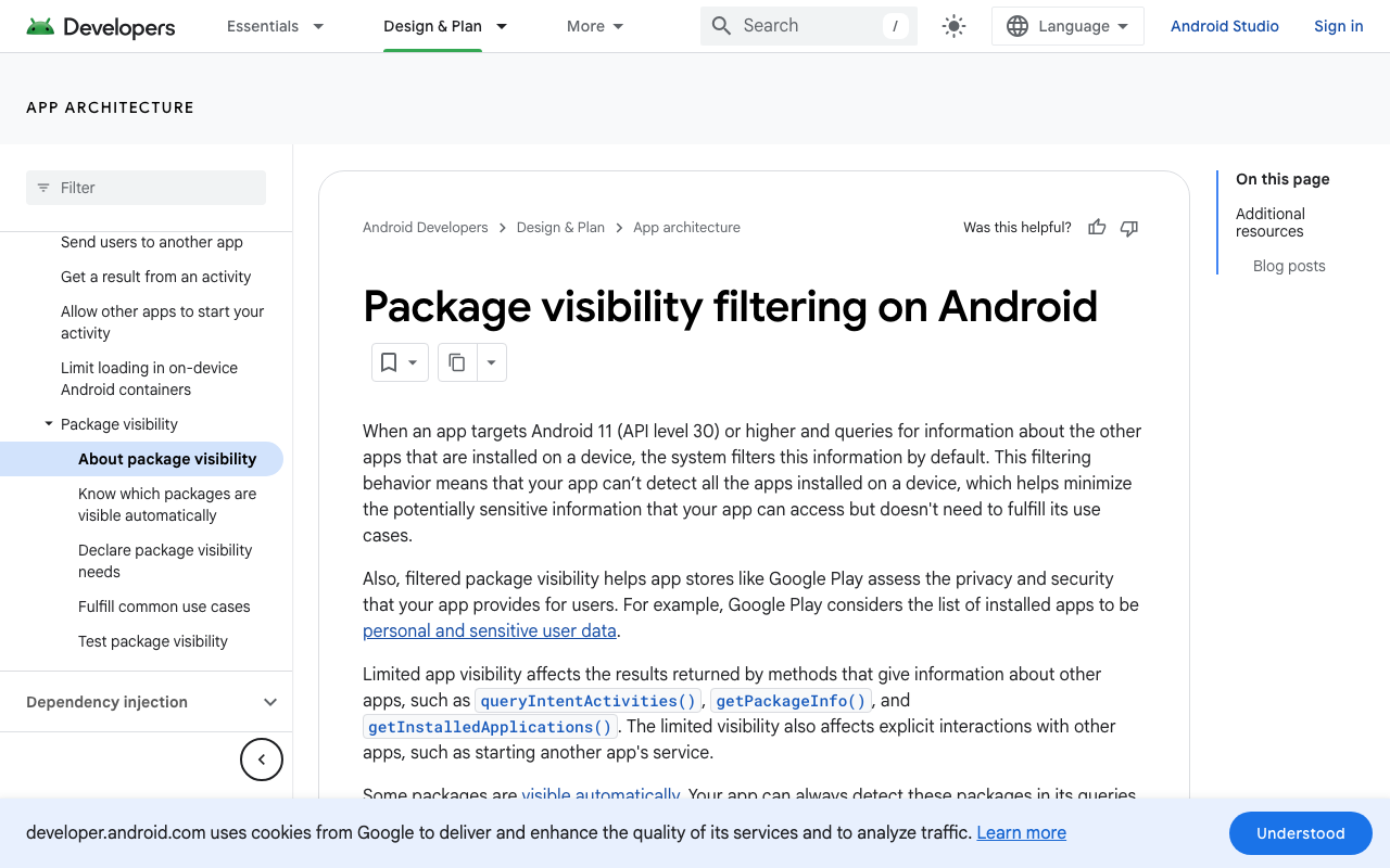 Android's package visibility rules (Android 11+) — the reason apps must declare the speech RecognitionService intent to bind to it