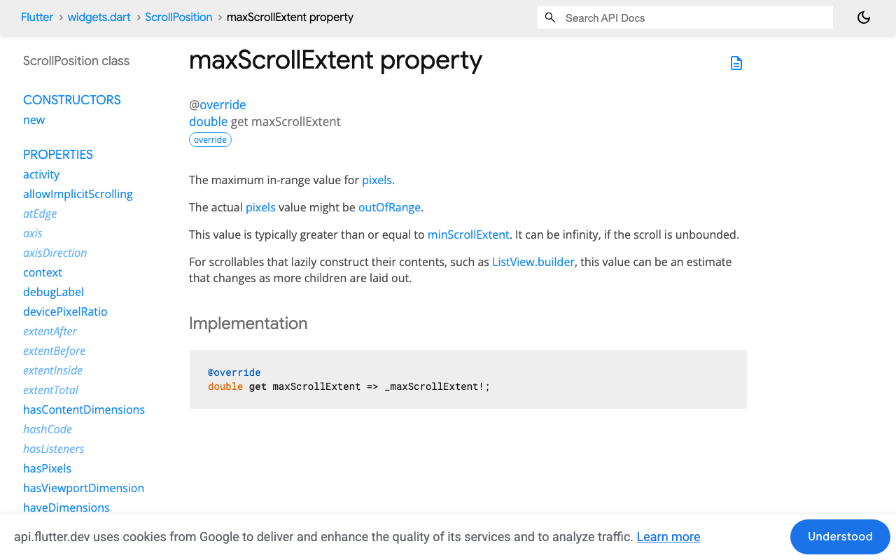 Flutter docs: maxScrollExtent is only valid after the Scrollable has laid out.