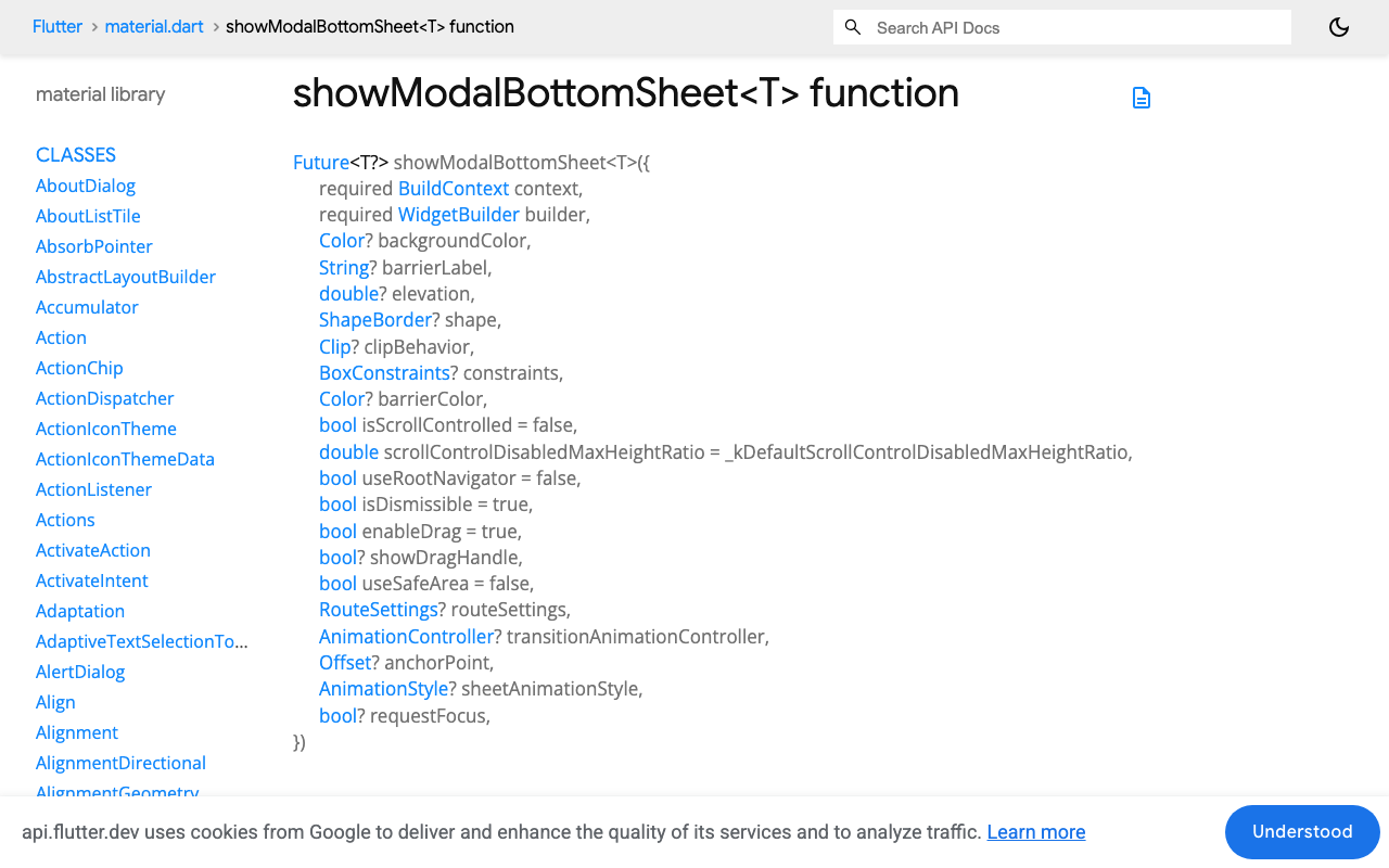 Flutter API docs for showModalBottomSheet, including isScrollControlled and useSafeArea