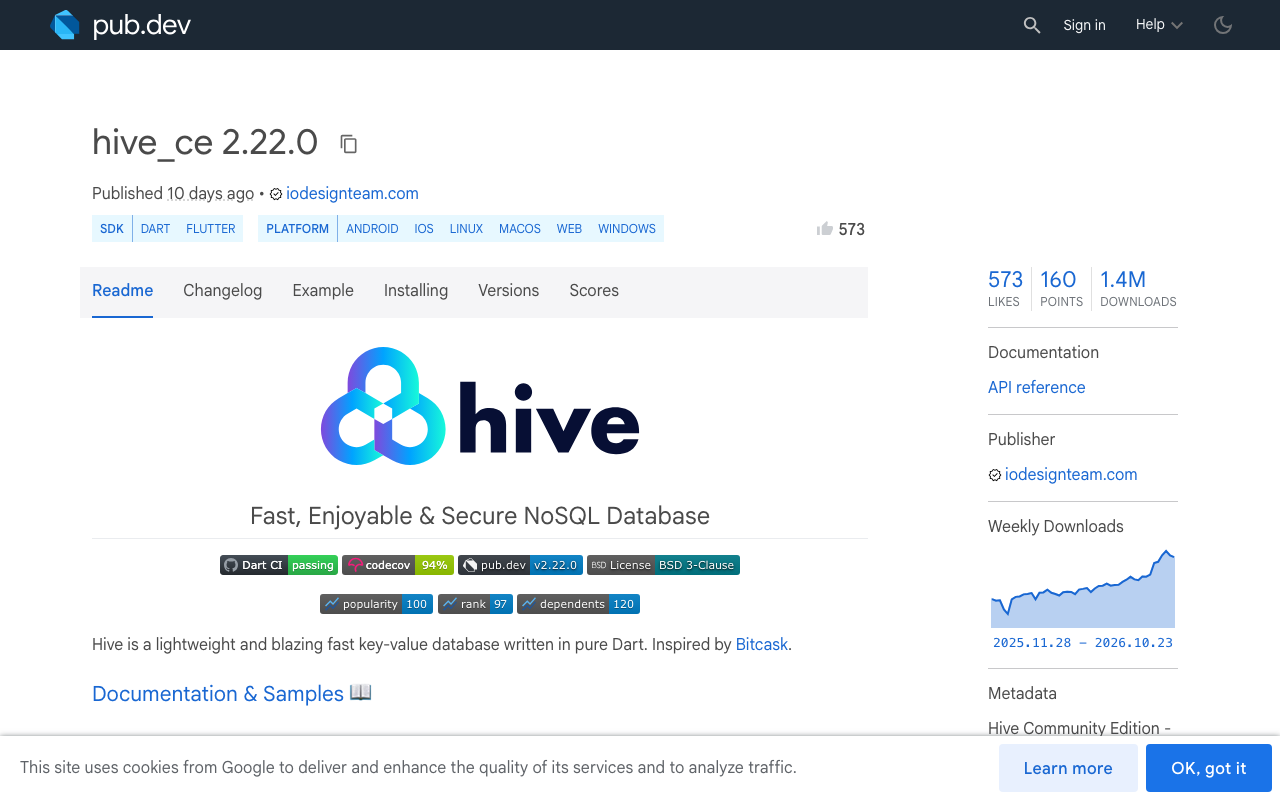 hive_ce on pub.dev, the maintained community fork of Hive used in this post