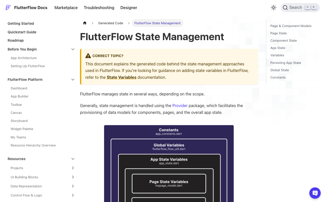 FlutterFlow docs on App State, including the Persisted option that survives restarts
