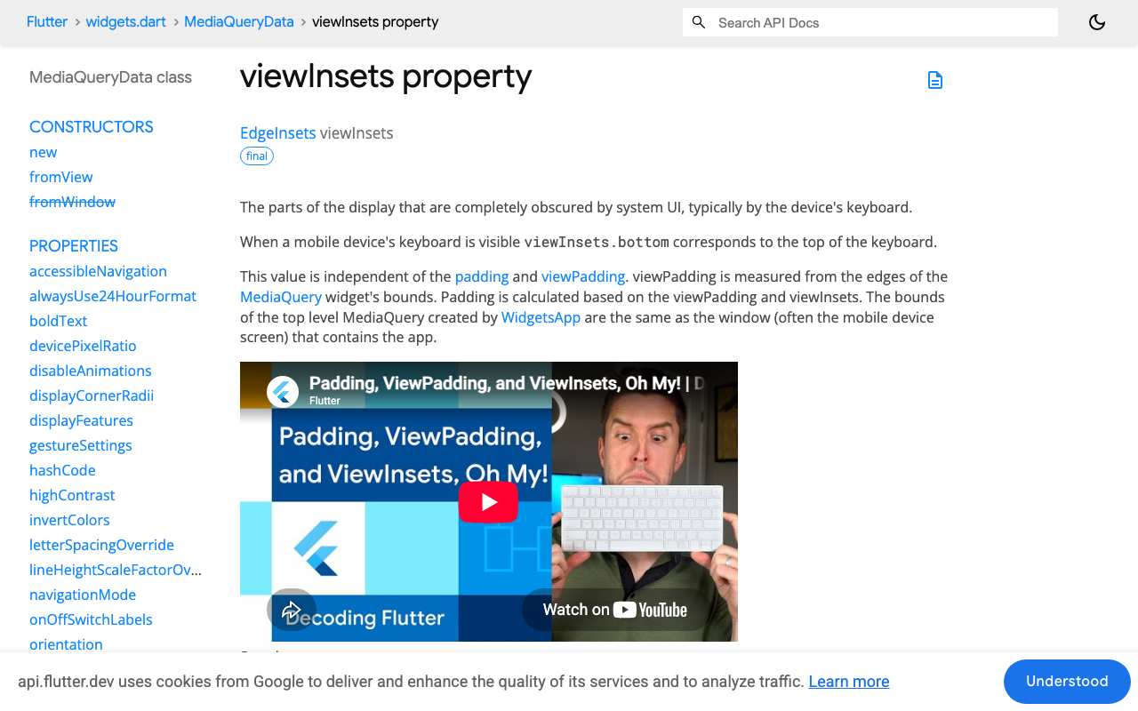 MediaQueryData.viewInsets: the keyboard height, and how it relates to padding and viewPadding.