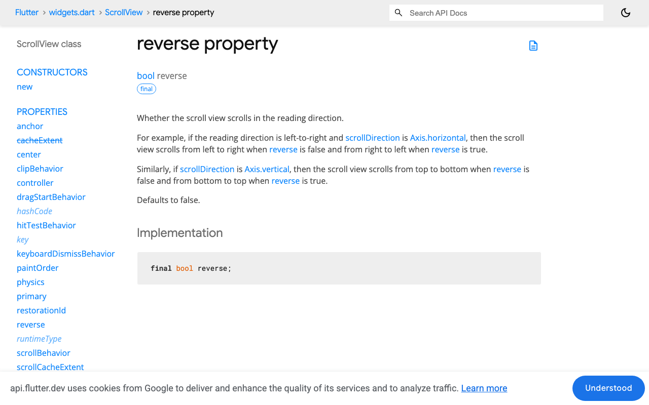 Flutter's ScrollView.reverse: a reversed vertical list scrolls from bottom to top.