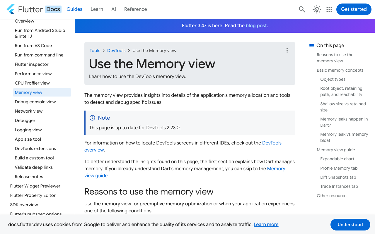 Flutter DevTools memory docs — the Diff Snapshots workflow used to prove the leak is gone