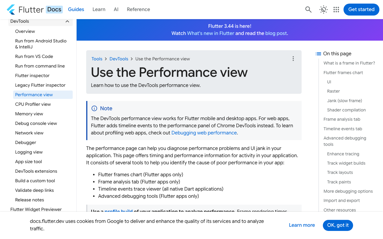 The DevTools Performance page, where the Flutter frames chart flags janky frames in red and Frame Analysis explains why.