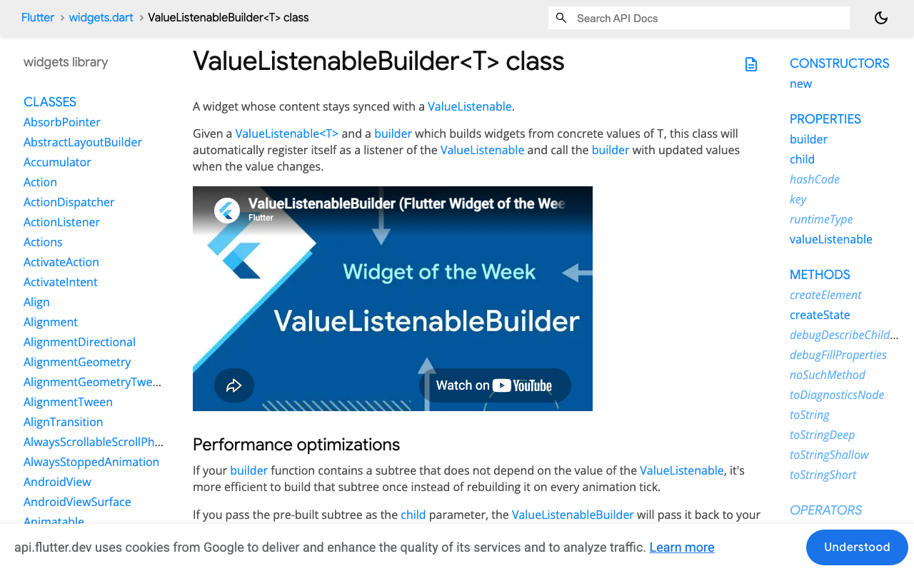 ValueListenableBuilder's API docs, including the child argument for subtrees that don't depend on the streamed value.