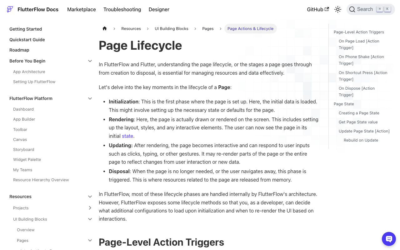 FlutterFlow page lifecycle: On Dispose fires when the page is navigated away from, taking Page State with it.