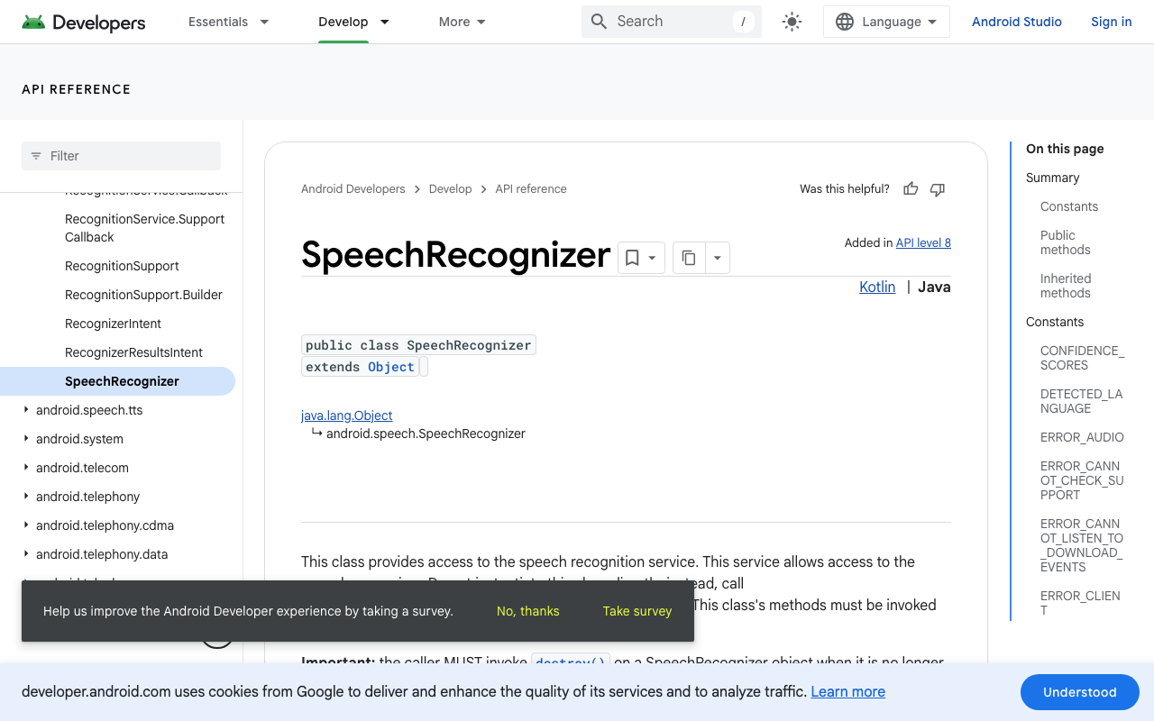 Android's SpeechRecognizer docs: the short-dictation API underneath every Flutter STT plugin