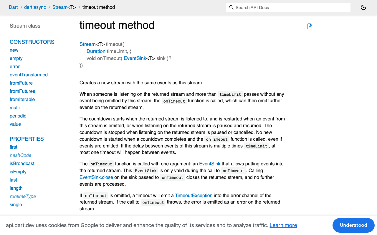 Dart's Stream.timeout restarts its countdown on every event, which makes it the right per-chunk stall detector for package:http