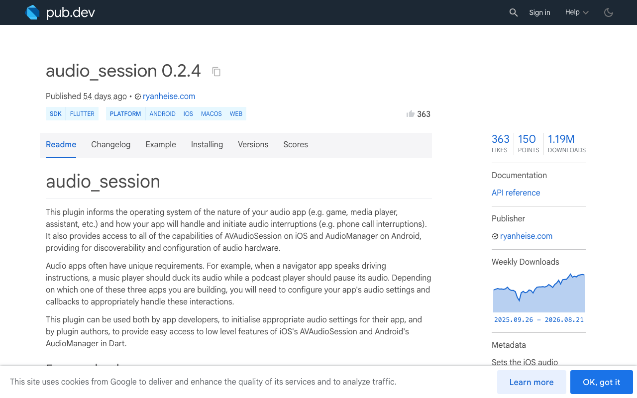 The audio_session package on pub.dev - the plugin that exposes AVAudioSession category, mode and route APIs to Dart.