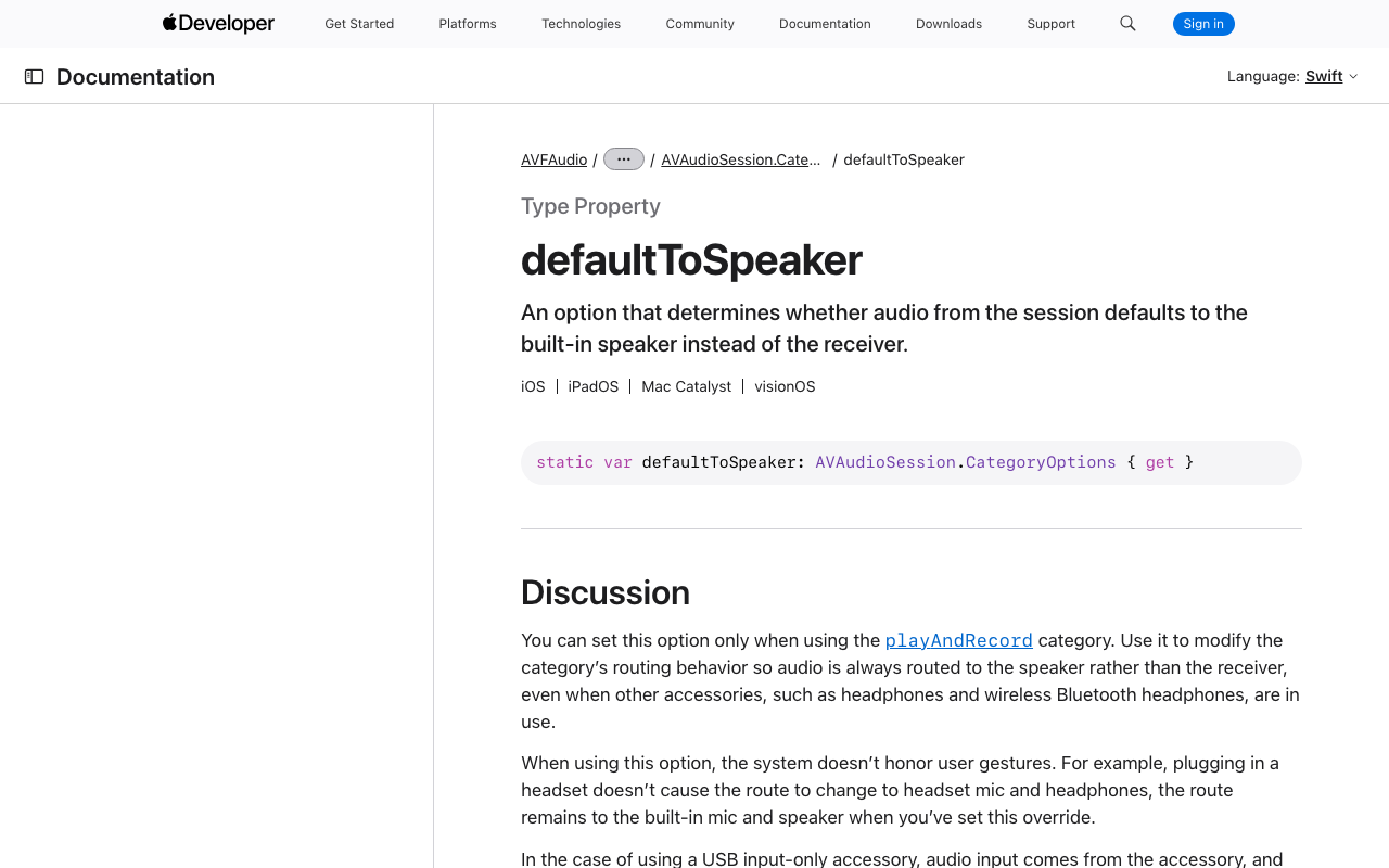Apple's own documentation for defaultToSpeaker, spelling out that it overrides headphones and is not reset by route changes.