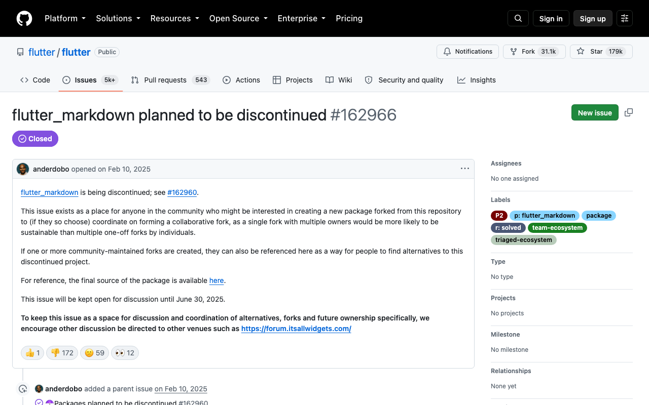 The official Flutter issue coordinating community forks of flutter_markdown