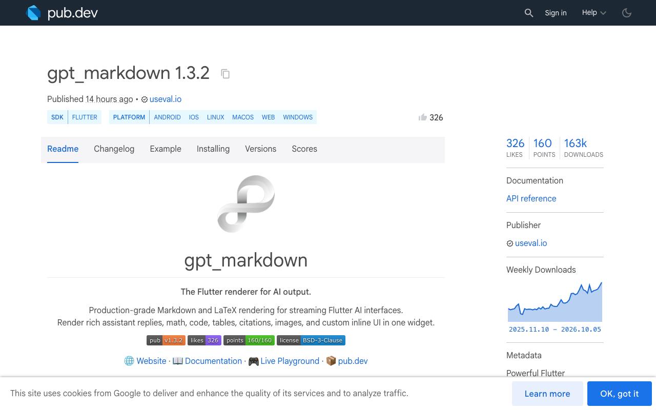gpt_markdown on pub.dev: reuses settled segments and only updates the live tail while a reply streams