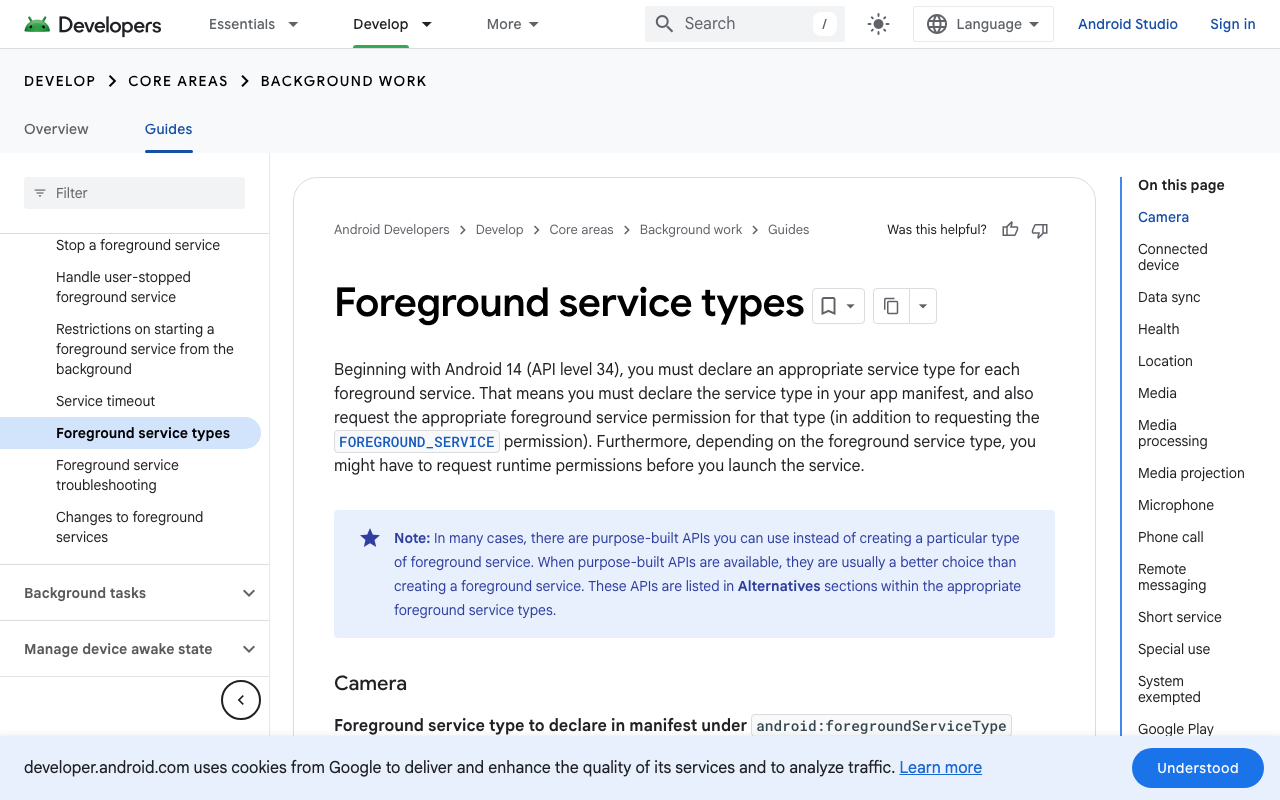Android's foreground service types reference, including the microphone type