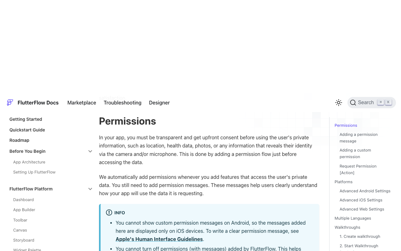 FlutterFlow's Permissions settings, where you set the iOS microphone message.
