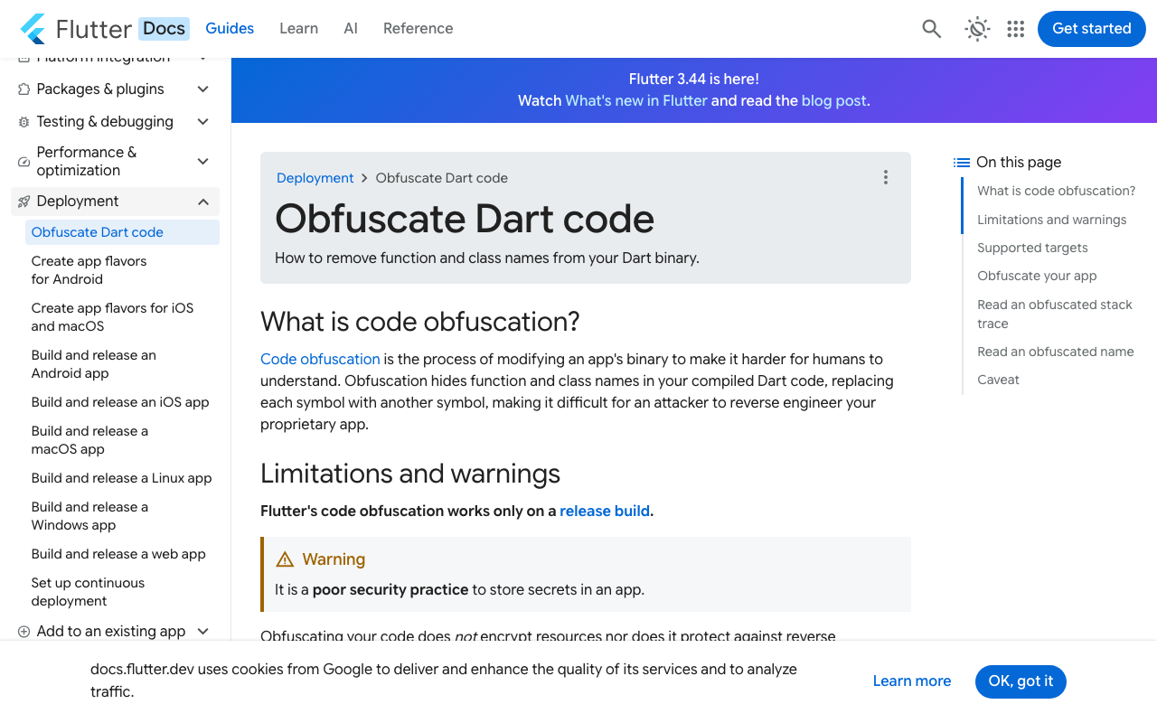 Flutter's official docs: obfuscation only renames symbols and is not a way to protect secrets.
