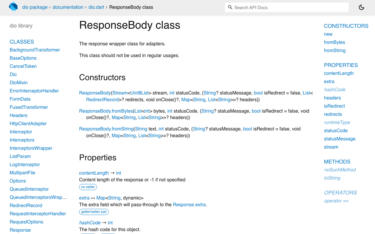 Dio's ResponseBody API, showing stream typed as Stream<Uint8List> — the reason you need a cast before utf8.decoder.