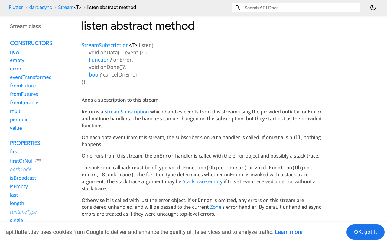 Dart's Stream.listen docs: onError, onDone and the cancelOnError default