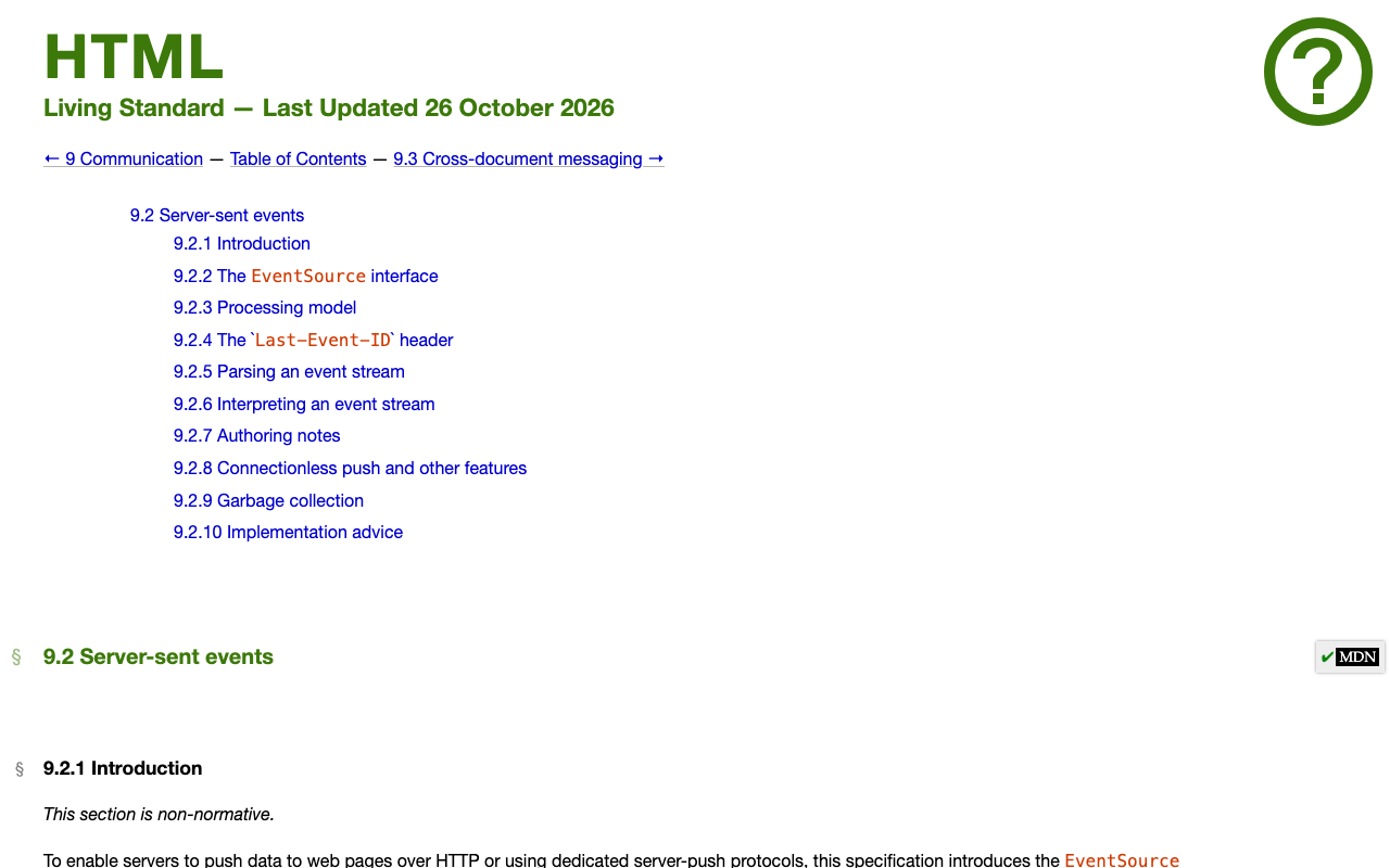 The WHATWG Server-Sent Events spec, including Last-Event-ID reconnection