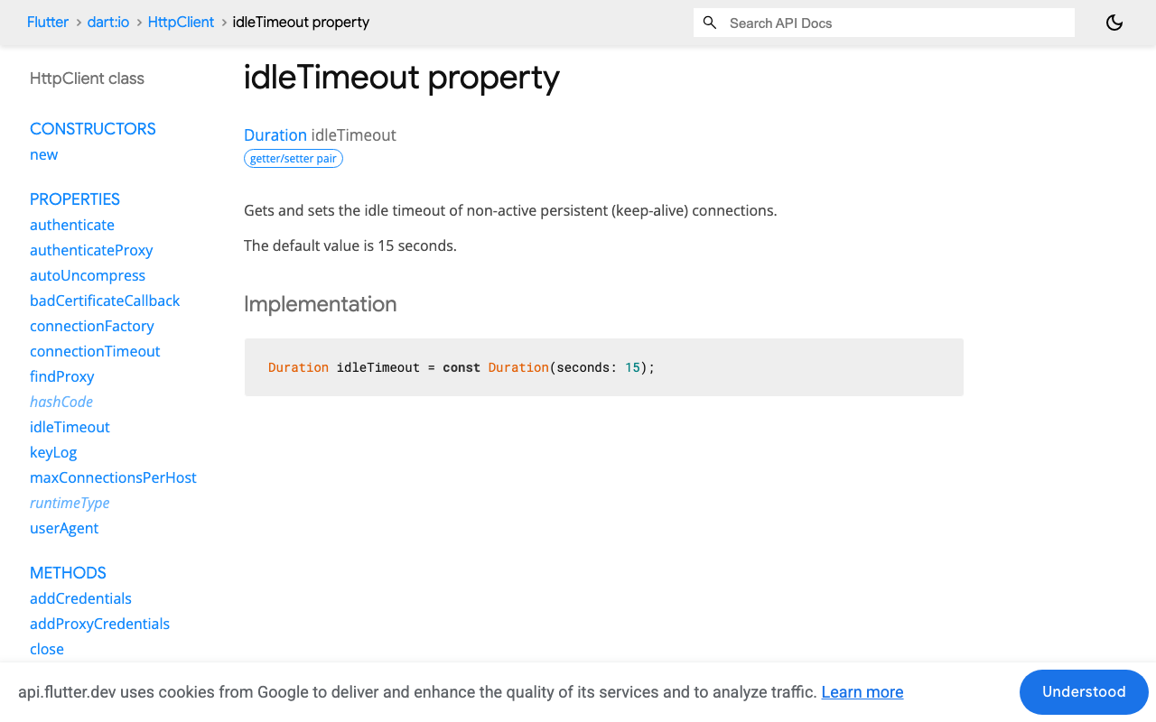 HttpClient.idleTimeout defaults to 15 seconds — pooled connections survive a cancelled subscription until the client is closed.