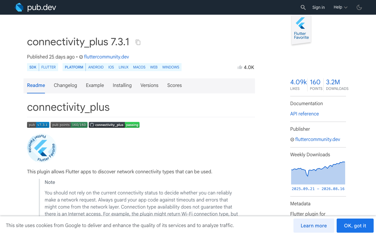 connectivity_plus warns that a connection type does not guarantee internet access — use it as a hint, not a detector.