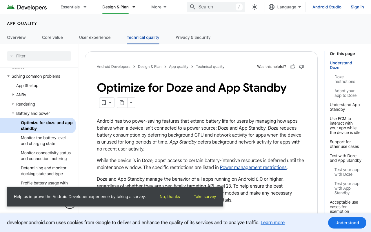 Android's Doze documentation: network access is suspended and deferred to maintenance windows.