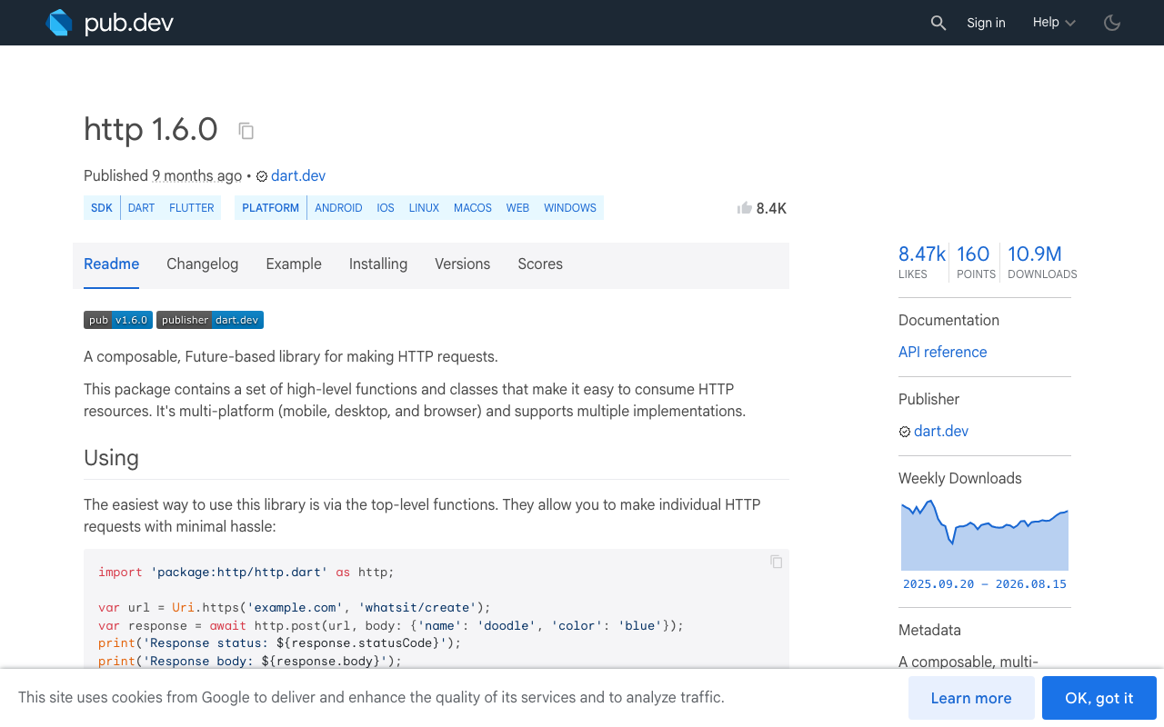package:http on pub.dev — version 1.6.0, the release you need for reliable stream abortion.