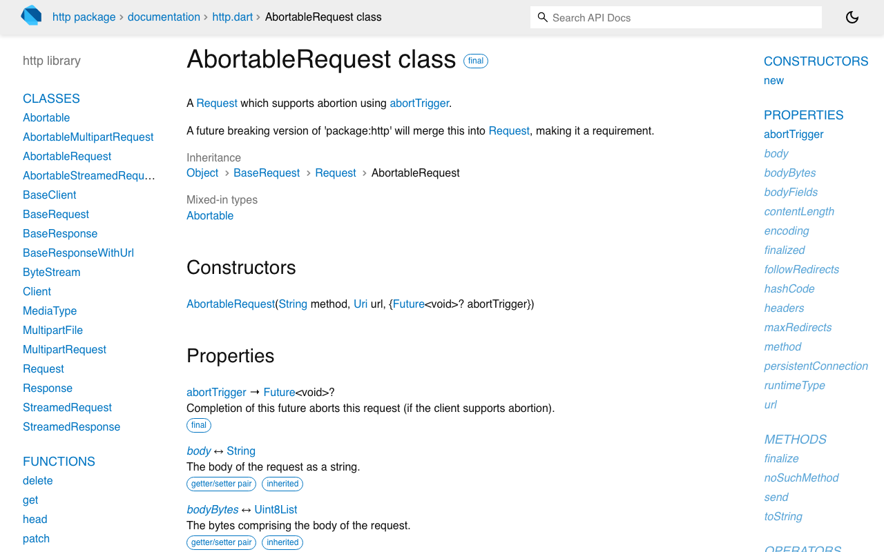 The AbortableRequest API docs: the abortTrigger future is what actually kills the connection.
