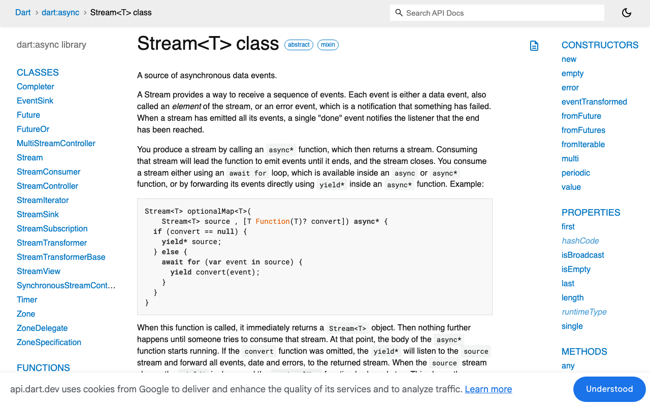 Dart's Stream docs: single-subscription streams allow only one listener for the stream's whole lifetime.