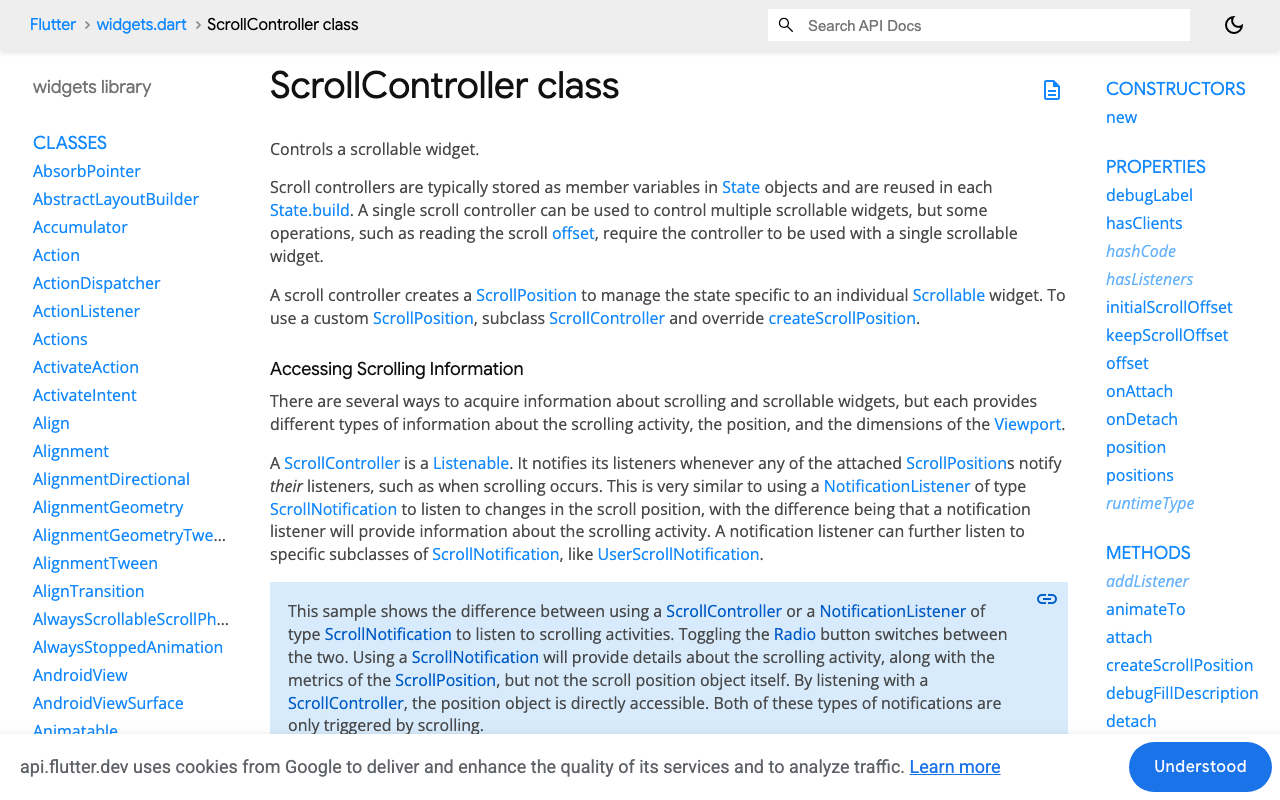 Flutter's ScrollController API — the offset and listener hooks the scrolled-away flag is built on