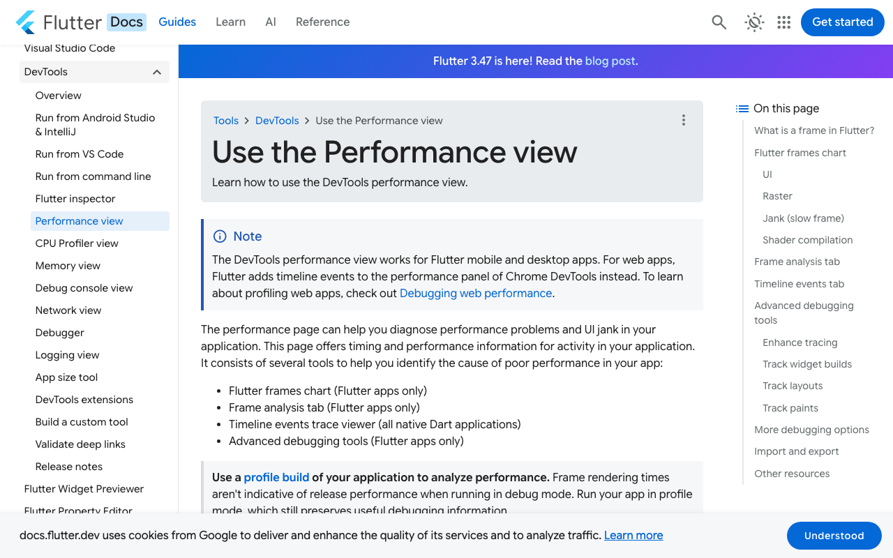 The DevTools Performance view: each bar set is one frame, with separate UI and raster timings.