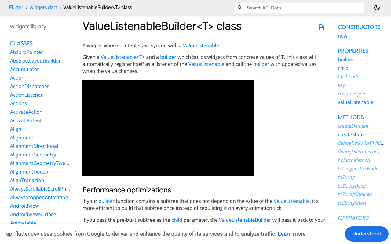 ValueListenableBuilder API docs: rebuild one subtree when a value changes