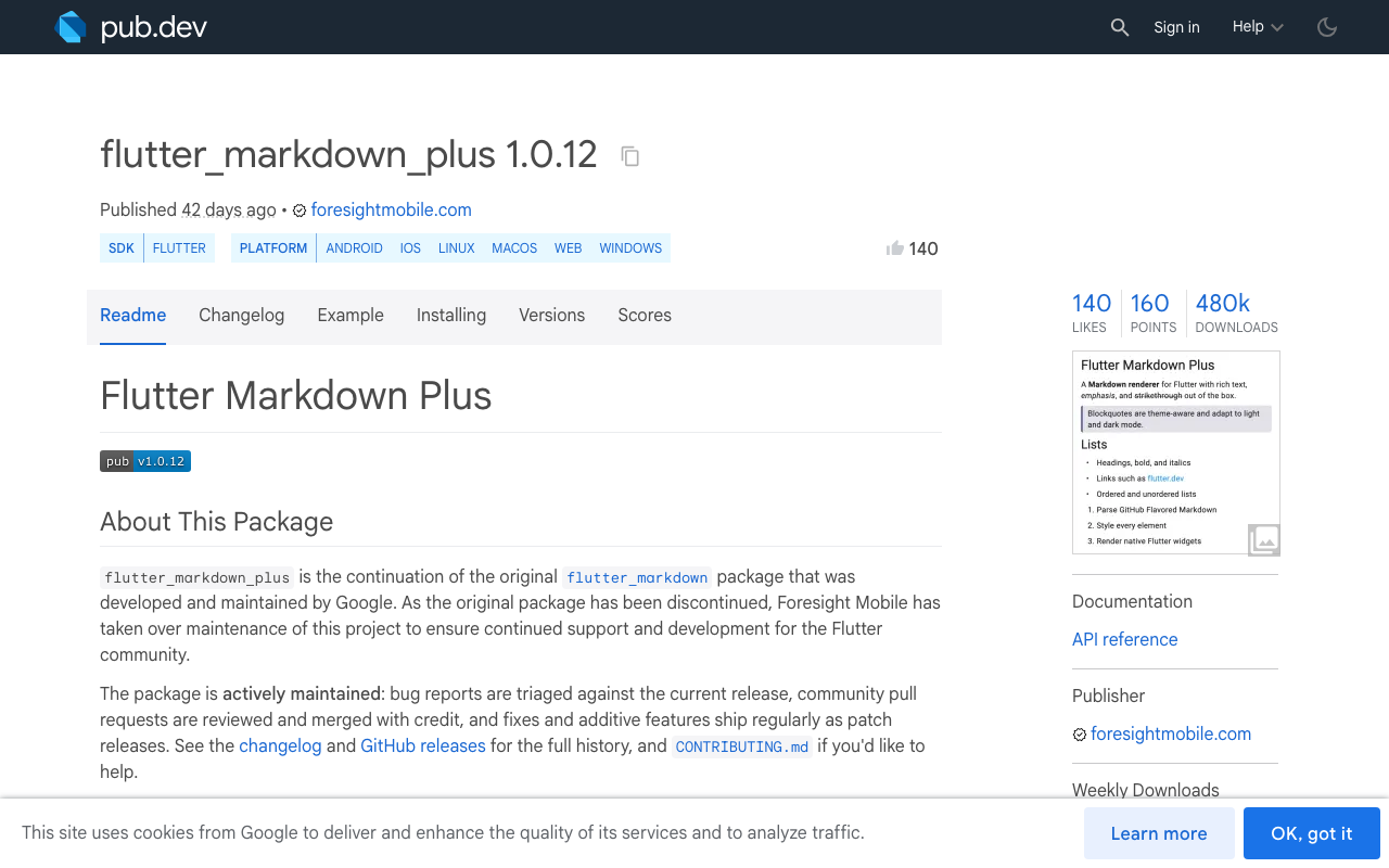 flutter_markdown_plus is the maintained successor to Google's discontinued flutter_markdown package.