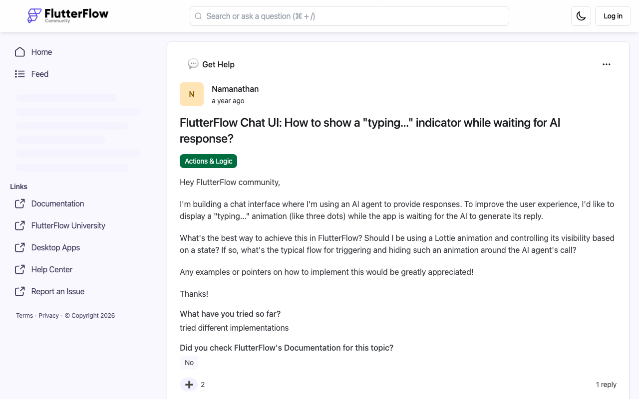 FlutterFlow community thread asking how to show a typing indicator while waiting for an AI response