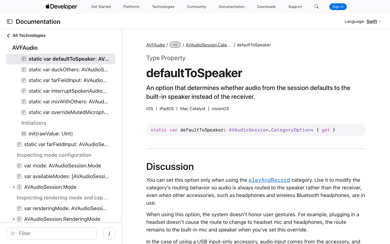 Apple's documentation for the defaultToSpeaker category option
