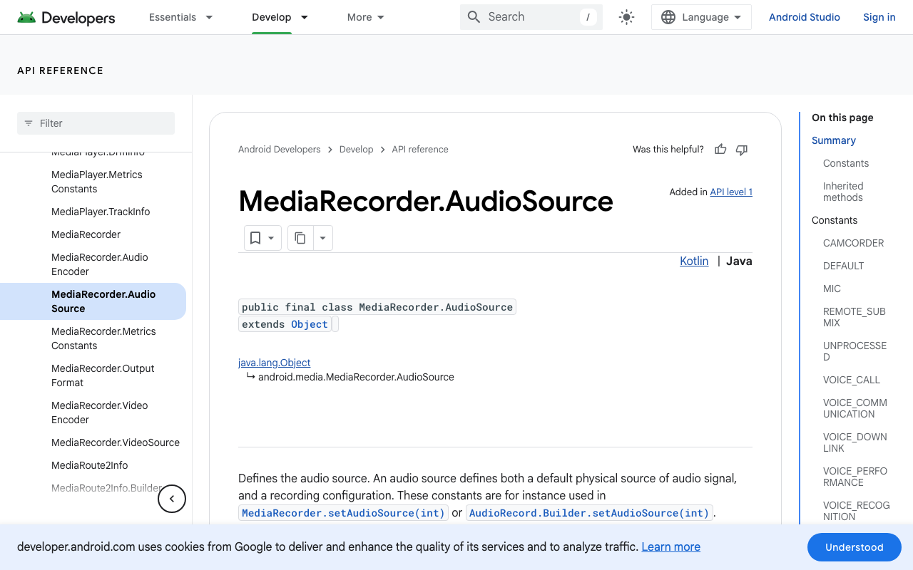 Android inserts preprocessing based on the audio source — VOICE_COMMUNICATION is the one that gets AEC.