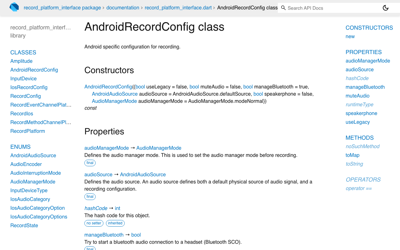 AndroidRecordConfig: audioSource, audioManagerMode and speakerphone are the AEC switches on Android.