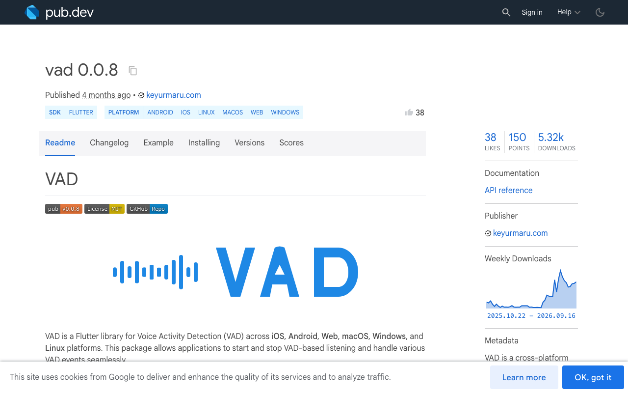 The vad package exposes Silero VAD events like onRealSpeechStart used to gate barge-in.