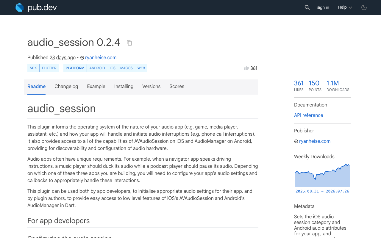 The audio_session package on pub.dev — the Flutter bridge to AVAudioSession used in the fix.