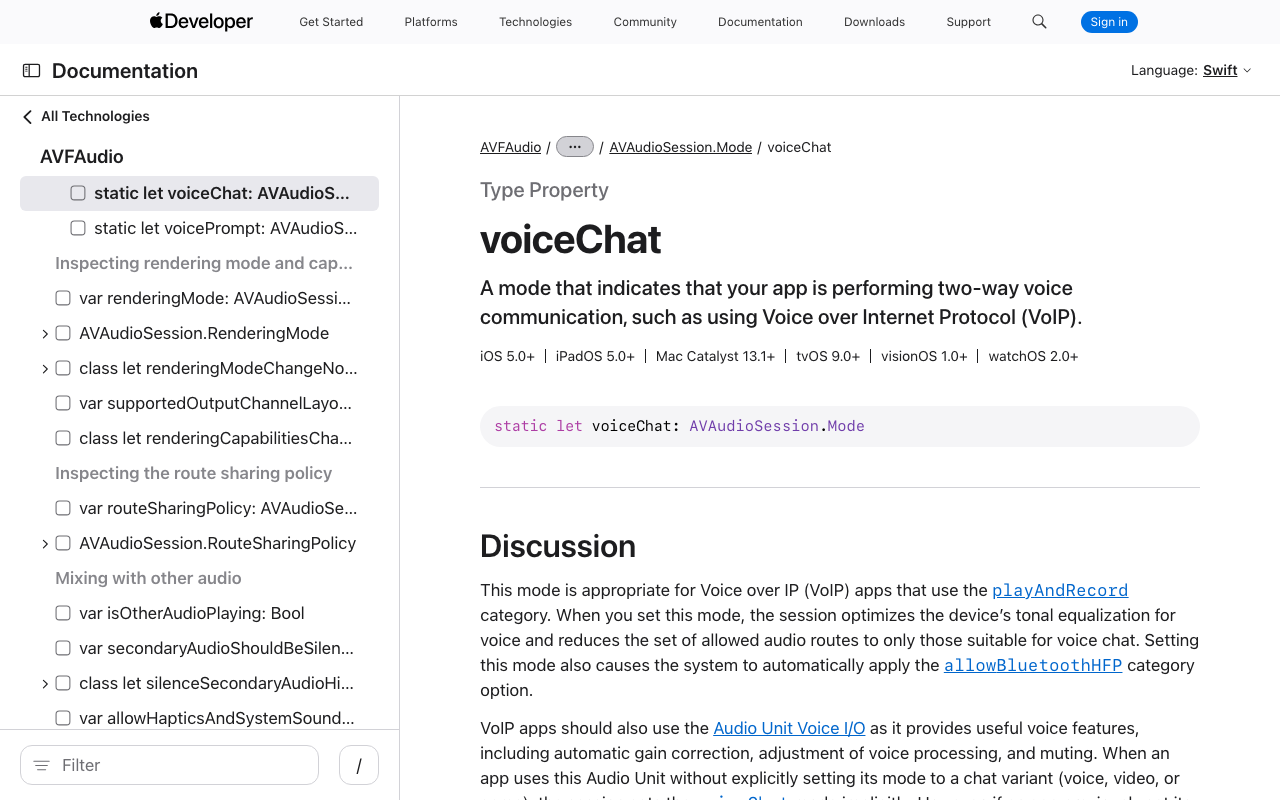 Apple's voiceChat mode documentation, including the note that echo cancellation needs voice processing