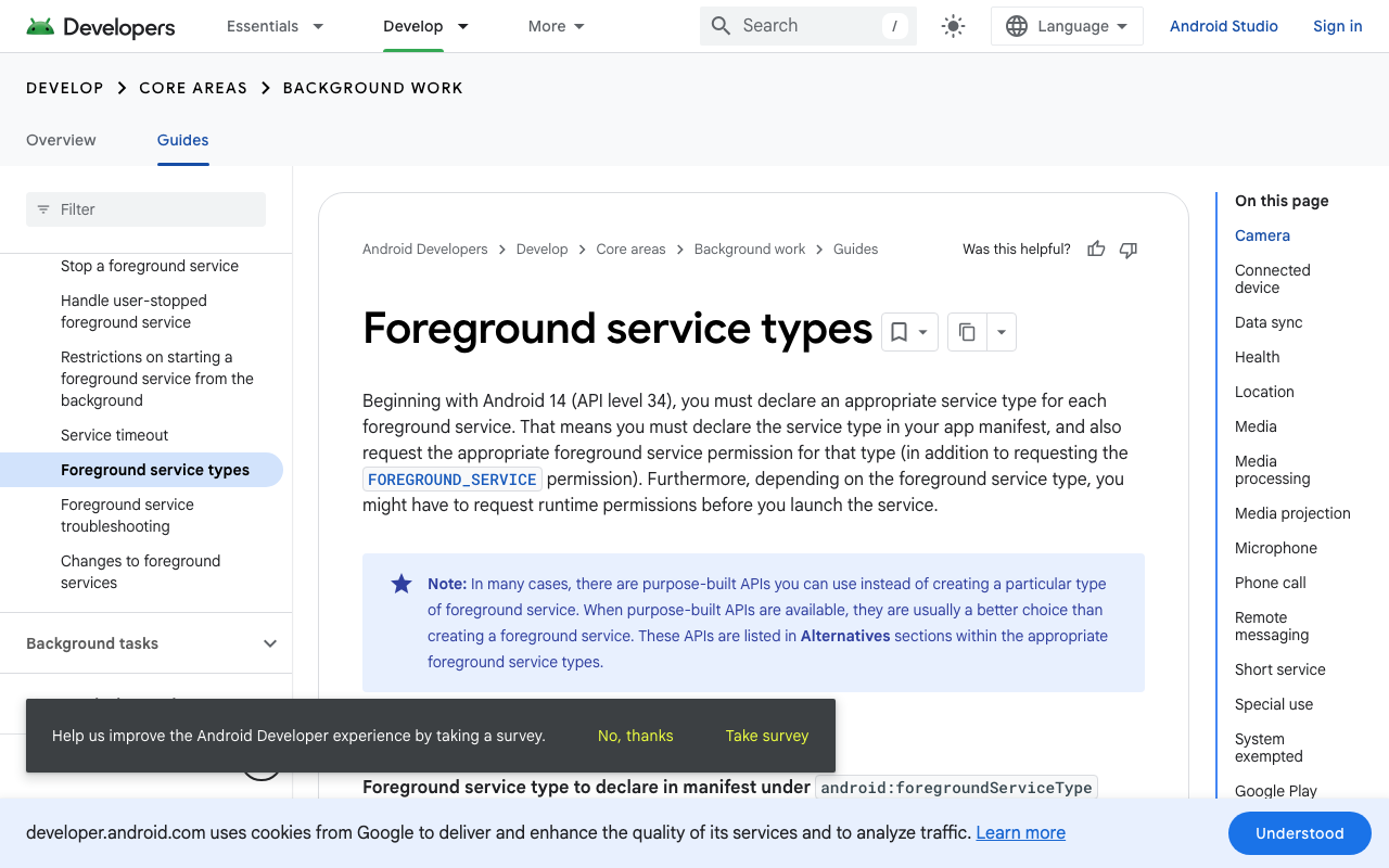Android's official foreground service type table, showing the microphone type and its required FOREGROUND_SERVICE_MICROPHONE permission.