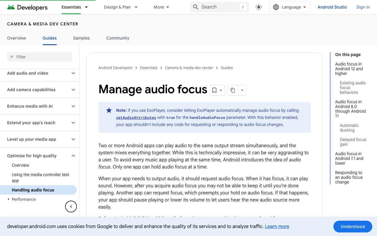 Android's audio focus documentation, where GAIN_TRANSIENT_MAY_DUCK and abandoning focus are defined.