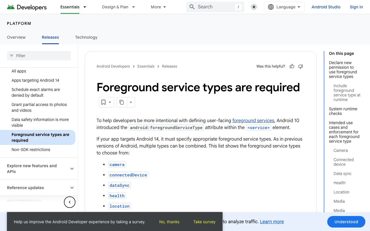 Android's official page on mandatory foreground service types in Android 14