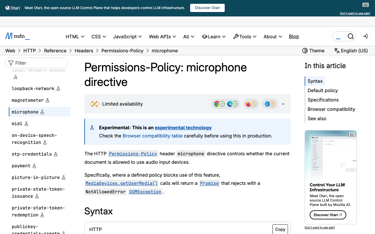 MDN's Permissions-Policy: microphone reference — the directive that decides whether your embedded Flutter app can ever prompt.