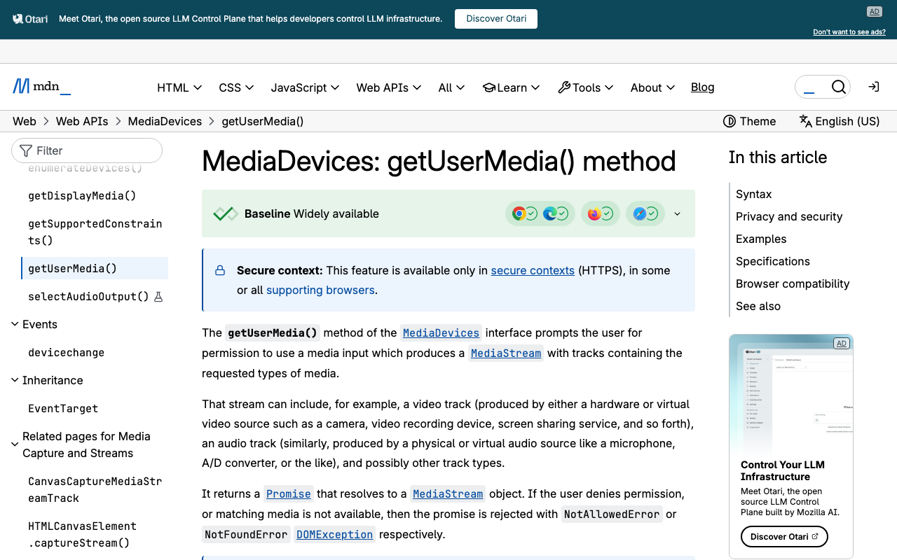 The full list of DOMException names getUserMedia can reject with, which drives the decision tree above.